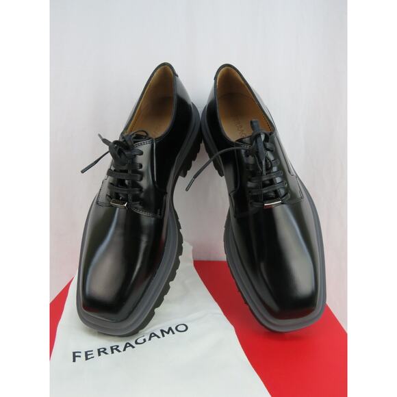 NIB FERRAGAMO FLICKER BLACK LEATHER LOGO PLATFORM LUG SOLE OXFORDS 12 M main image 10